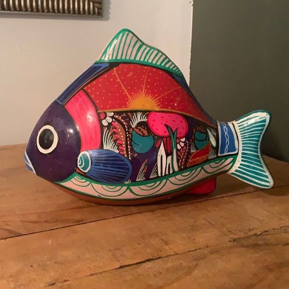 Mexican Clay Folk Art Painted Clay Fish Pottery